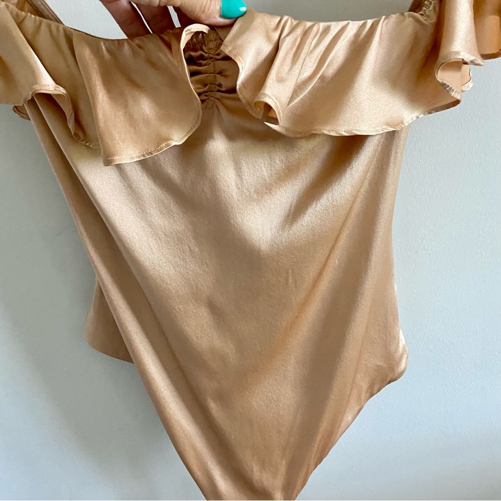 For Love & Lemons x Revolve Silk Blend Champagne Off-Shoulder Thong Bodysuit XS - Picture 12 of 13